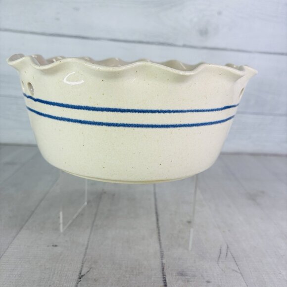 Clay Pen Pottery Beige Blue Pen Stripe Hand Crafted Creamic Bread Warming Bowl - Picture 3 of 15